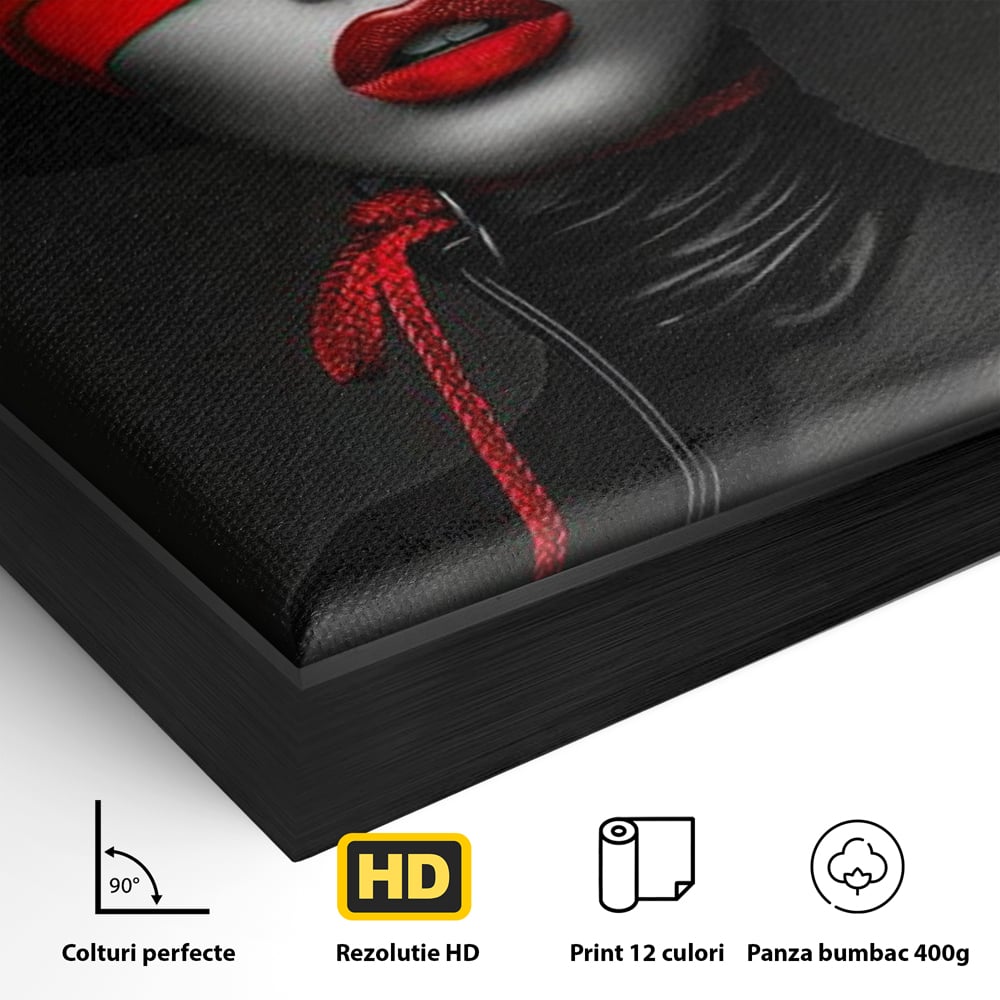 Detaliu al suprafetei: tablou canvas cu femeie si voal rosu, in rama de aluminiu negru